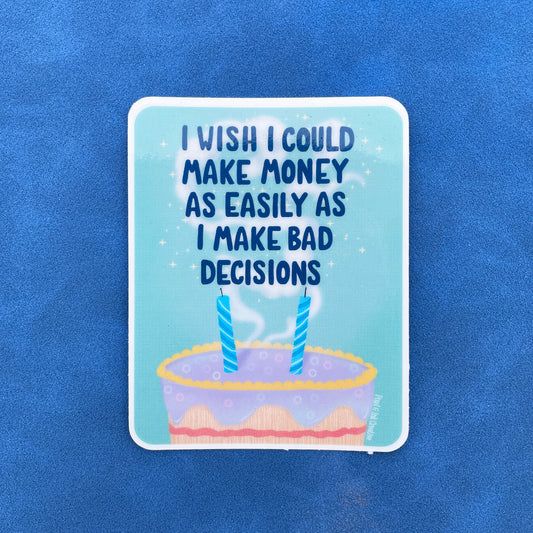 A square sticker with a design that includes a cake with two candles and text above it, set against a blue background.