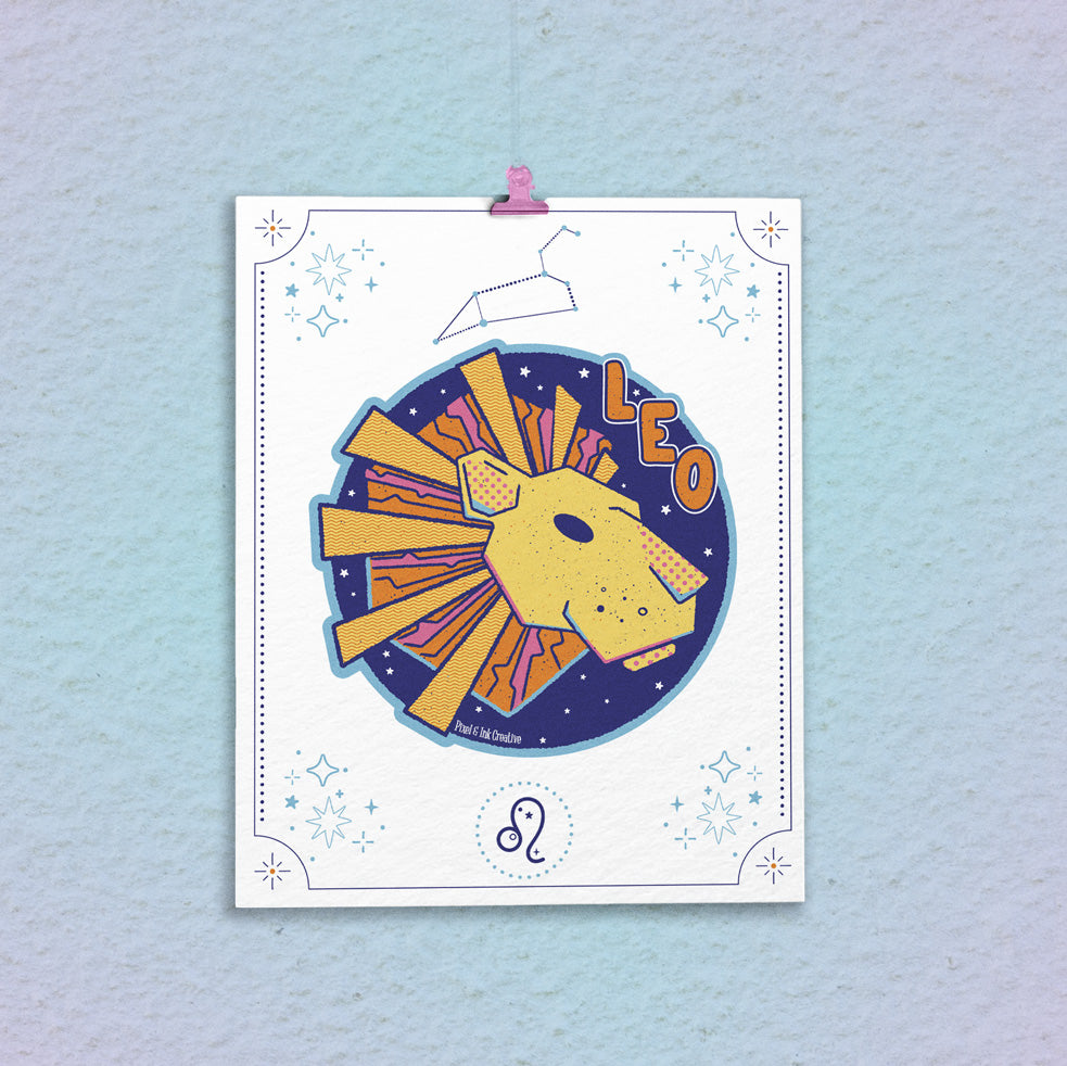 Coloring page with a Leo zodiac design on a textured blue background