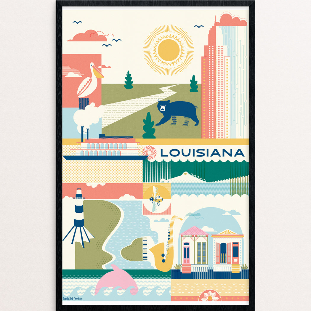 Illustrative poster of Louisiana with various elements like a sun, river, and buildings.