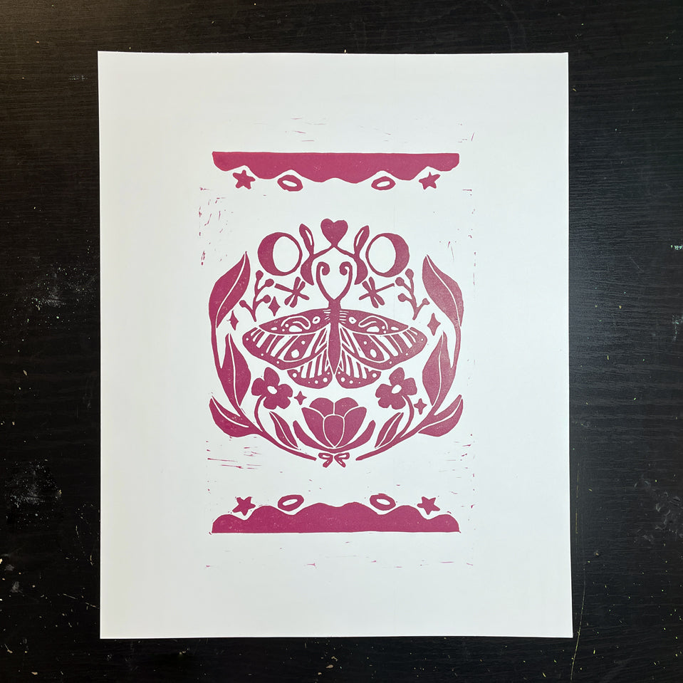 Moth Symmetry Linocut Print