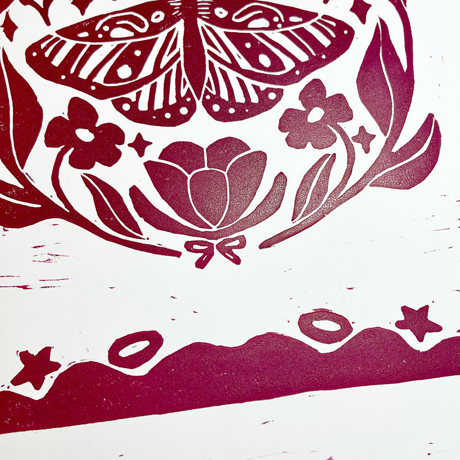 Moth Symmetry Linocut Print