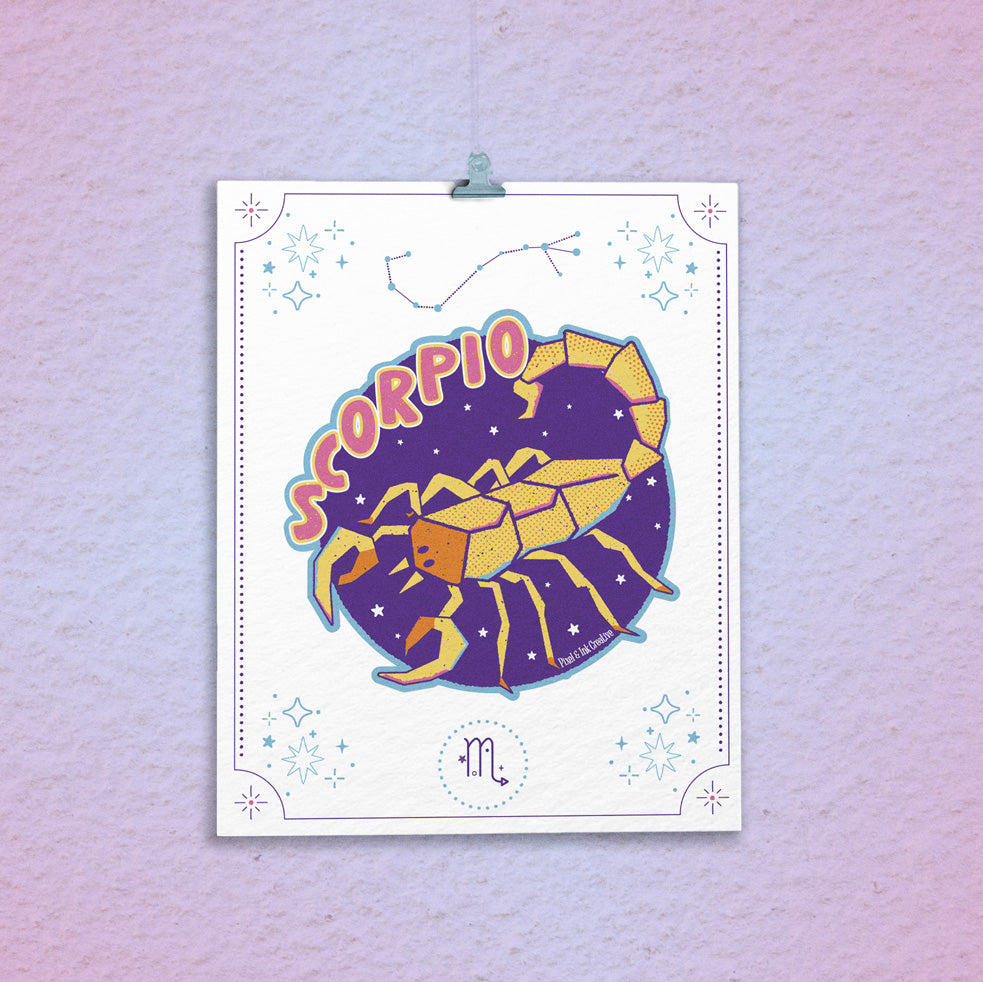 Scorpio zodiac sign illustration on a white background with a purple gradient wall.