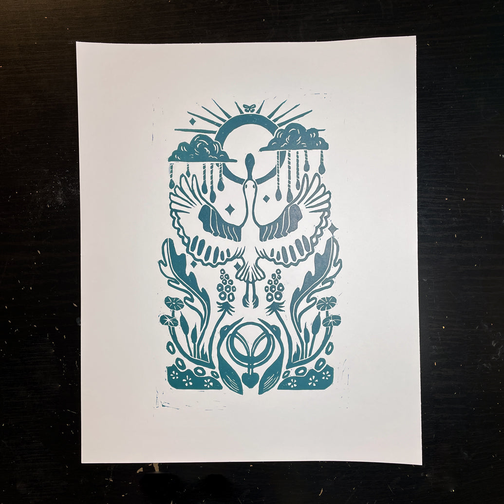 Spoonbill Symmetry Linocut Print