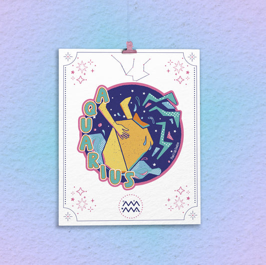 Aquarius zodiac sign poster with colorful design on a pastel gradient background