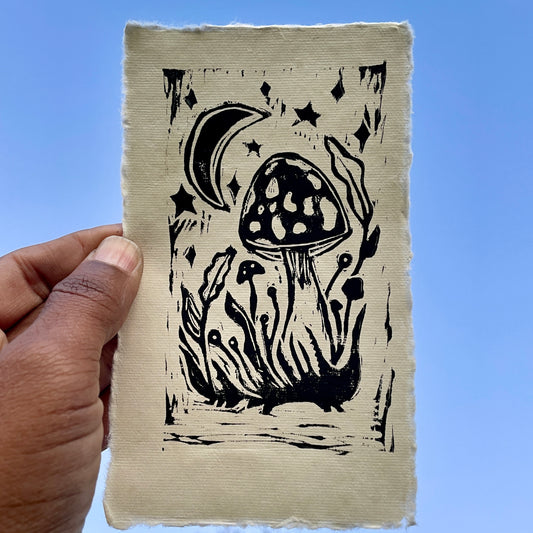 Mushroom Moon Mini Linocut Print