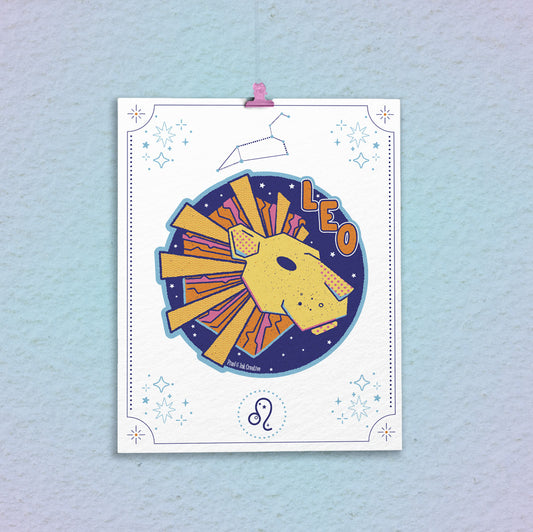 Coloring page with a Leo zodiac design on a textured blue background