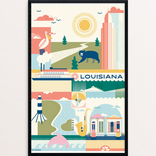 Illustrative poster of Louisiana with various elements like a sun, river, and buildings.
