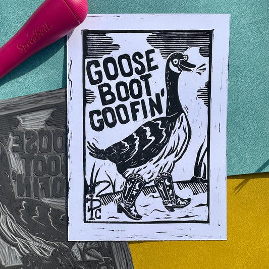 Goose Boot Goofin' Linocut Print