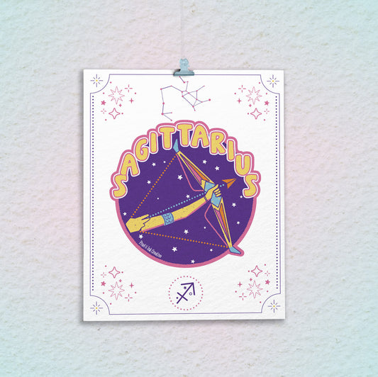 Sagittarius zodiac sign illustration on a textured light blue background