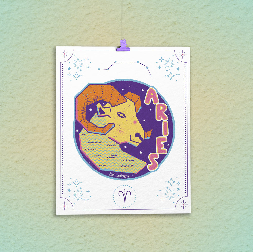 Aries zodiac sign illustration on a colorful gradient background