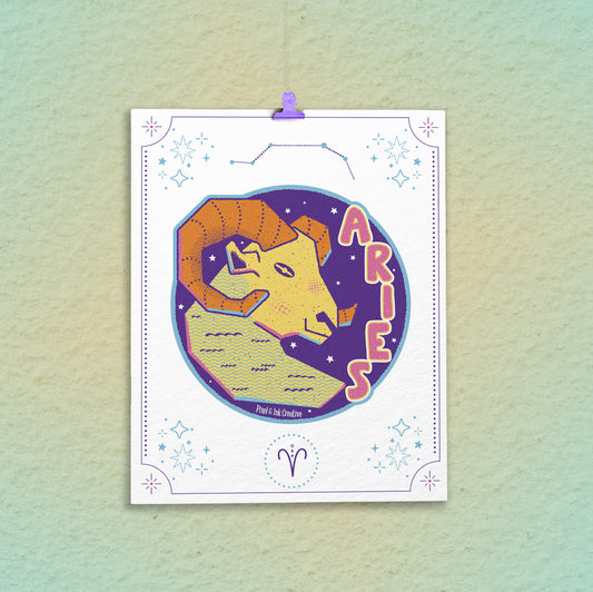 Aries zodiac sign illustration on a colorful gradient background