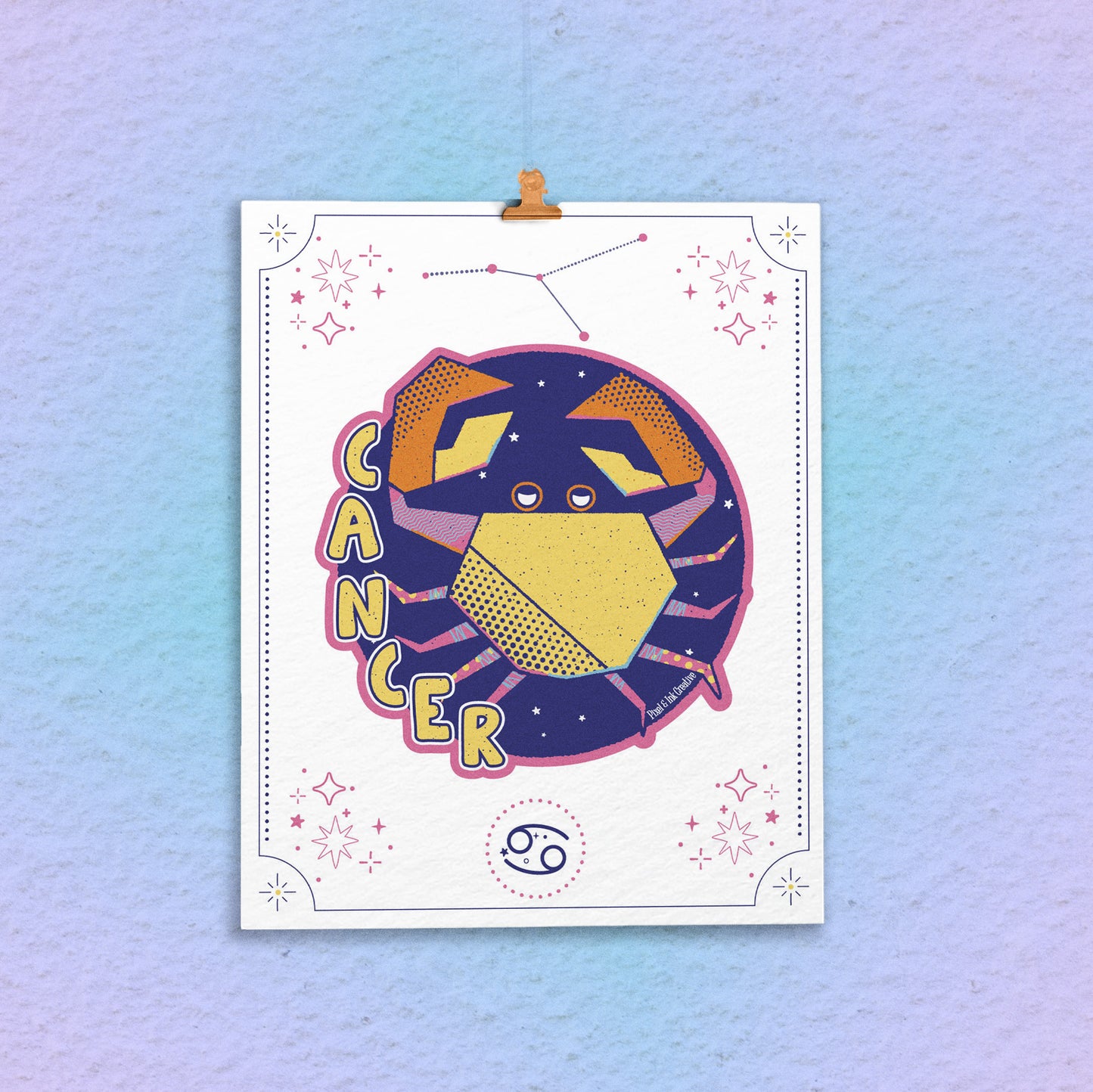 Colorful Cancer zodiac sign illustration on a white background with a blue and pink gradient.