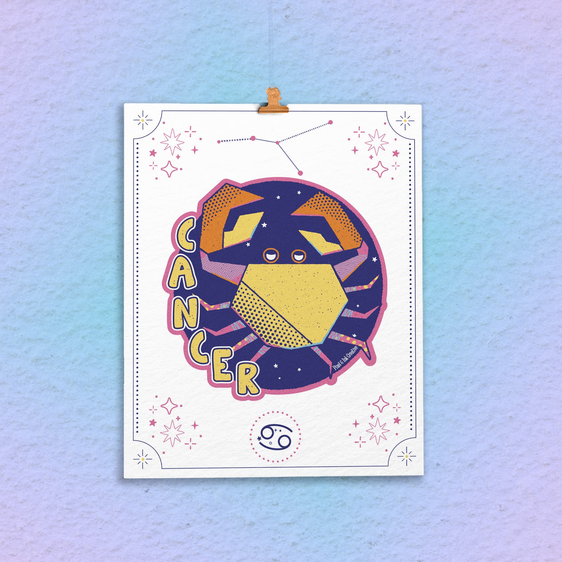 Colorful Cancer zodiac sign illustration on a white background with a blue and pink gradient.