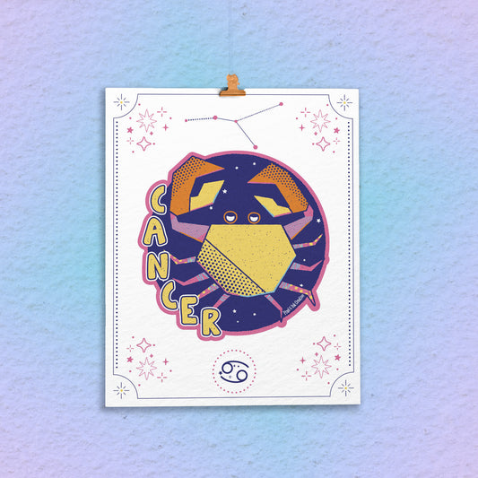 Colorful Cancer zodiac sign illustration on a white background with a blue and pink gradient.