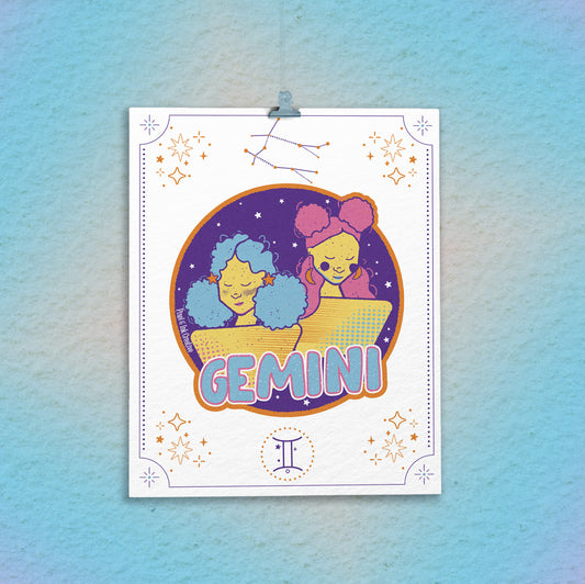 Poster of Gemini zodiac sign with two people inside a star constellation on a gradient blue background.