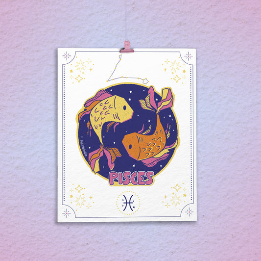 Pisces zodiac sign illustration on a textured purple background
