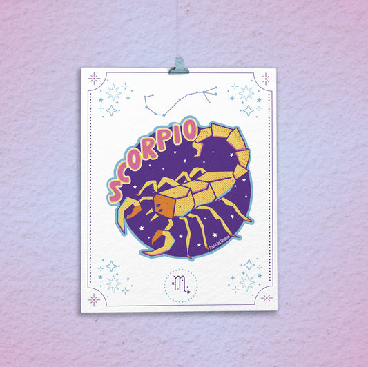 Scorpio zodiac sign illustration on a white background with a purple gradient wall.