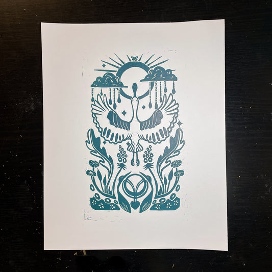 Spoonbill Symmetry Linocut Print